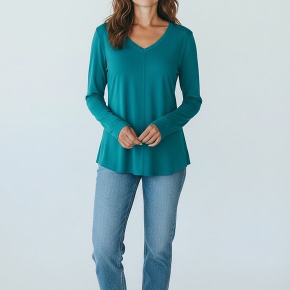 Coolibar Tops - Coolibar Sun Protect Teal Tunic Soft Cotton Blend Vneck Long Sleeve Hi Low Top M